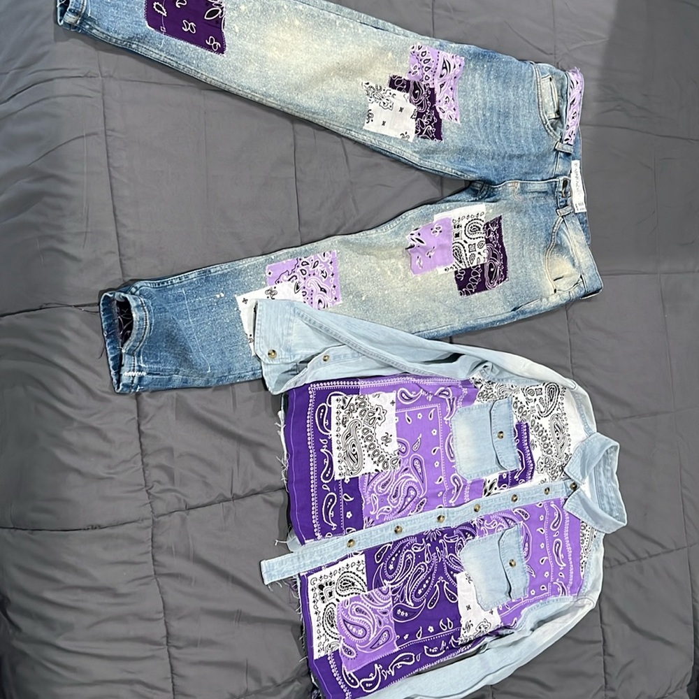 Custom Denim Jacket with Jeans - Purple/White Bandana